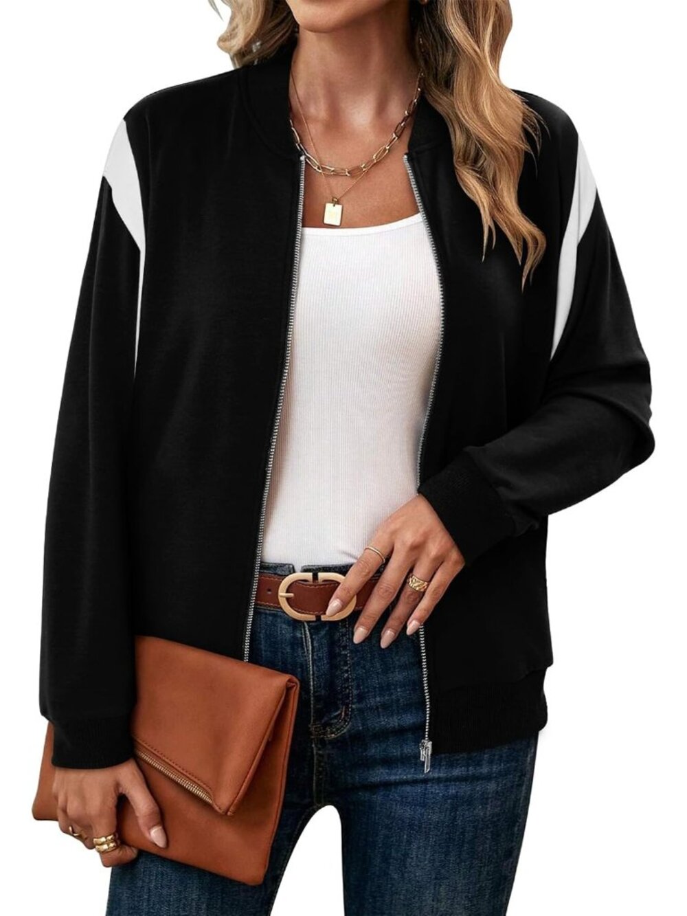 🆕 Women's Black White Color Block Bomber Jacket Zip Up Casual Lightweight Coat